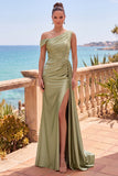 Navy Asymmetrical Ruched Mermaid Long Formal Dress with Side Streamer