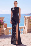 Black Sequins Asymmetrical Ruched Mermaid Formal Dress with Slit
