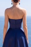 Navy Strapless Corset Pearl A-Line Long Formal Dress
