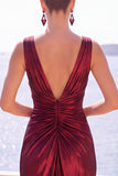 Burgundy Metallic Mermaid Ruched Long Formal Dress with Slit