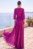 Champagne Ruched A-Line Half Sleeves Long Formal Dress