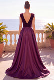 Burgundy V-Neck A-Line Velvet Backless Long Formal Dress with Slit