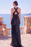 Black Halter Crossed Straps Sequins Mermaid Long Formal Dress with Slit