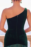 Burgundy One Shoulder Mermaid Velvet Ruched Maxi Dress