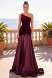 Burgundy One Shoulder Mermaid Velvet Ruched Maxi Dress