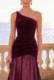 Burgundy One Shoulder Mermaid Velvet Ruched Maxi Dress