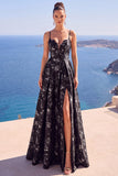 Blue A-Line Floral Jacquard Long Formal Dress with Slit