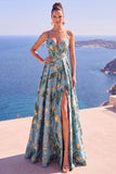 Blue A-Line Floral Jacquard Long Formal Dress with Slit