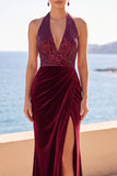 Burgundy Velvet Halter Neck Sequins Ruched Mermaid Long Formal Dress with Side Slit