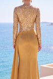 Golden Satin Long Sleeves Sequins Ruched Mermaid Long Formal Dress with Sash