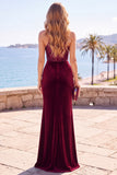 Burgundy Velvet Sequins Halter Neck Ruched Sheath Long Formal Dress with Slit