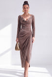 Dark Green Bodycon Velvet V-Neck Long Sleeves Mother of the Bride Dress with Slit