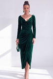 Dark Green Bodycon Velvet V-Neck Long Sleeves Mother of the Bride Dress with Slit