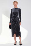 Navy Sheath Velvet Ruched Mother Of The Bride Dress