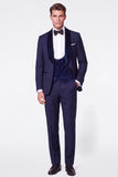 3 Piece Dark Blue Single Breasted Shawl Lapel Men's Prom Suits