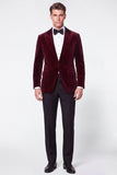 Burgundy 2 Piece Peak Lapel Single Breasted Velvet Men's Prom Suits