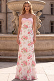 Pink Strapless Sequins Satin Sheath Floral Long Ball Dress with Back Bow