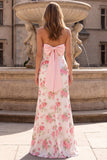 Pink Strapless Sequins Satin Sheath Floral Long Ball Dress with Back Bow