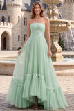 Sage Green Strapless Sequins A-Line Tulle High Low Hem Long Ball Dress