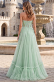 Sage Green Strapless Sequins A-Line Tulle High Low Hem Long Ball Dress
