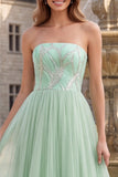 Sage Green Strapless Sequins A-Line Tulle High Low Hem Long Ball Dress