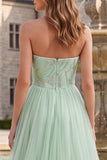 Sage Green Strapless Sequins A-Line Tulle High Low Hem Long Ball Dress