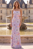 Lilac Mermaid Floral Spaghetti Straps Long Ball Dress with Sequins