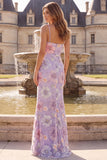 Lilac Mermaid Floral Spaghetti Straps Long Ball Dress with Sequins