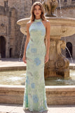 Sage Green High Neck Floral Sequins Backless Mermaid Long Ball Dress