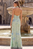 Sage Green High Neck Floral Sequins Backless Mermaid Long Ball Dress