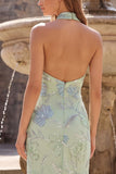 Sage Green High Neck Floral Sequins Backless Mermaid Long Ball Dress
