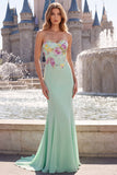 Sage Green Mermaid Strapless Sequins Floral Long Prom Dress with Embroidery
