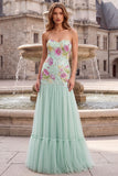 Sage Green Mermaid Tulle Strapless Floral Long Prom Dress with Sequins