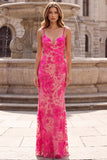 Fuchsia Floral Embroidery Mermaid Spaghetti Straps Long Ball Dress with Beading