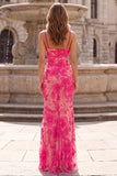 Fuchsia Floral Embroidery Mermaid Spaghetti Straps Long Ball Dress with Beading