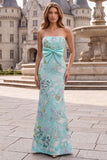 Mint Green Mermaid Strapless Floral Embroidery Long Ball Dress with Satin Bow