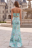 Mint Green Mermaid Strapless Floral Embroidery Long Ball Dress with Satin Bow