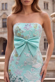 Mint Green Mermaid Strapless Floral Embroidery Long Ball Dress with Satin Bow
