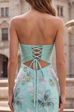 Mint Green Mermaid Strapless Floral Embroidery Long Ball Dress with Satin Bow