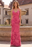 Fuchsia Mermaid Beaded Spaghetti Straps Long Ball Dress with Sequins