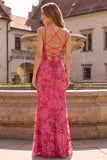 Fuchsia Mermaid Beaded Spaghetti Straps Long Ball Dress with Sequins