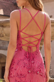Fuchsia Mermaid Beaded Spaghetti Straps Long Ball Dress with Sequins