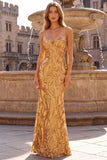 Sparkly Mermaid Spaghetti Straps Sequins Long Gold Ball Dress