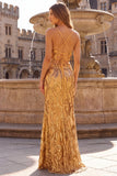 Sparkly Mermaid Spaghetti Straps Sequins Long Gold Ball Dress
