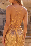 Sparkly Mermaid Spaghetti Straps Sequins Long Gold Ball Dress