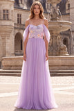 Lilac Cold Shoulder A-Line Floral Embroidery Tulle Long Ball Dress