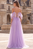 Lilac Cold Shoulder A-Line Floral Embroidery Tulle Long Ball Dress