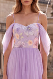 Lilac Cold Shoulder A-Line Floral Embroidery Tulle Long Ball Dress