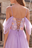 Lilac Cold Shoulder A-Line Floral Embroidery Tulle Long Ball Dress