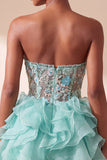 Mint Green Corset Strapless Tiered Ruffle Short Homecoming Dress with Embroidery